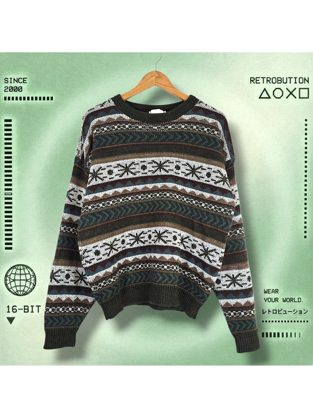 Vintage 90s Patterned Knit Sweater Green Size XL